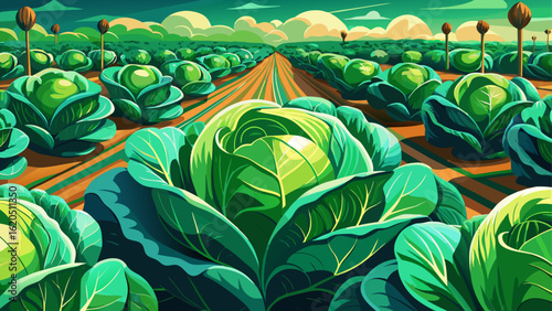 Each vibrant green cabbage growing in neat rows captures nature’s pattern and life. Semi-realistic style brings freshness, lush color, and farming harmony to this peaceful cultivated vegetable garden.