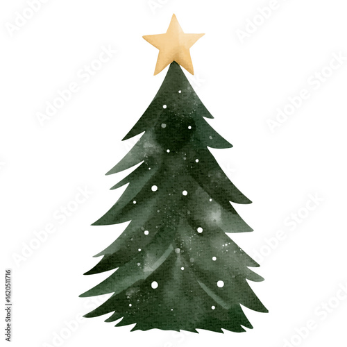 Watercolor christmas tree. Hand painted festive fir with decorations. Classic symbol of winter holidays.