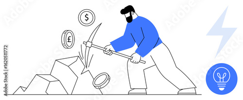 Person breaking rocks with a pickaxe, coins thumbs up dollar, pound, euro flying out, energy bolt, bulb icon. Ideal for currency, cryptocurrency, investment hard work energy use economy simple
