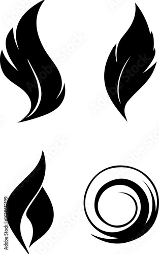 Four icons with a hand-drawn aesthetic: a spiral, a curled leaf, a fan, and another spiral. They appear to be part of a larger set of vector graphics.