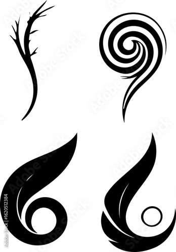 Four icons with a hand-drawn aesthetic: a spiral, a curled leaf, a fan, and another spiral. They appear to be part of a larger set of vector graphics.