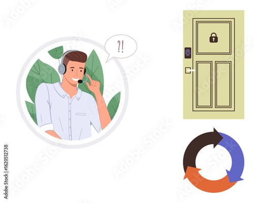 Male call center agent using a headset, secure door with lock and code scanner, and process cycle diagram. Ideal for customer support, security, communication, lifecycle, workflow, technology simple
