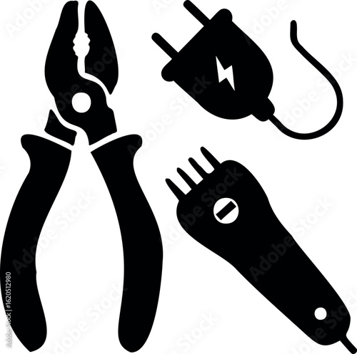 Illustration of pliers, electrical plug, and hair clippers isolated on white background, representing tools and equipment for electrical work, repair, and personal grooming