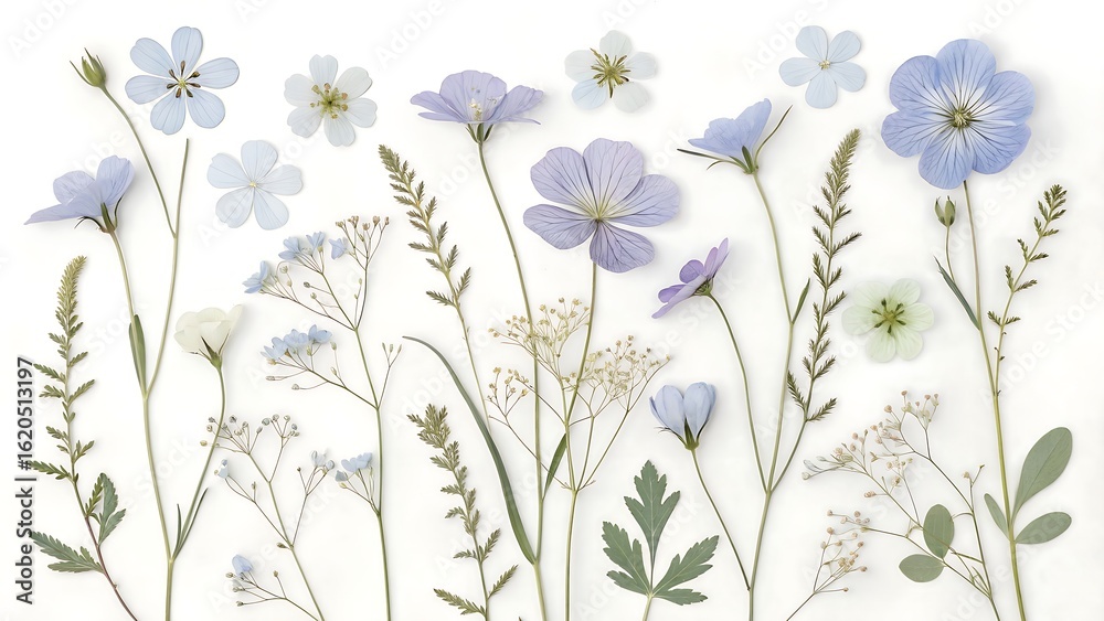 Fototapeta premium Floral flat lay composition with delicate wildflowers isolated on white background, perfect for adding a touch of nature to your designs and creative projects