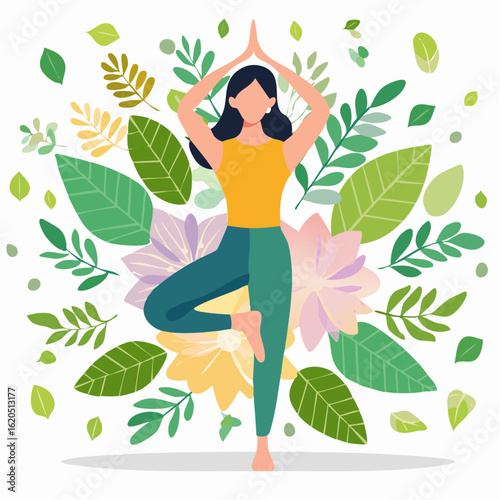 Frau in der „Baum“-Pose, meditativ und ruhig