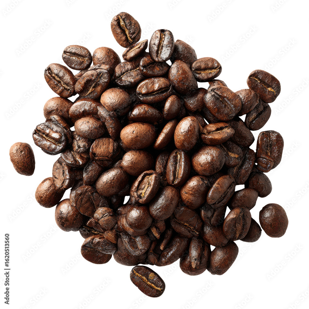 Fototapeta premium Roasted coffee beans pile dark brown rich aromatic image, Isolated On Png Transparent Background