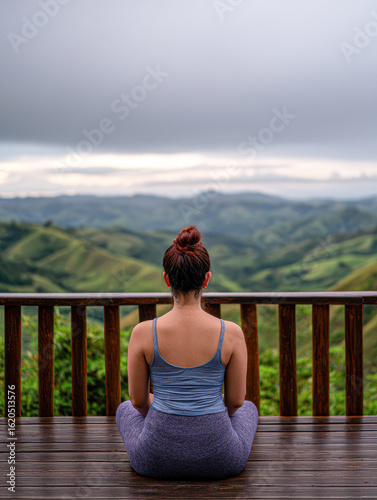 A person sits peacefully on a wooden deck, overlooking lush green hills under a moody sky, embodying tranquility and connection with nature.