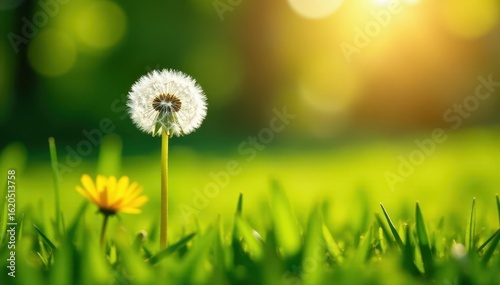 Delicate dandelion fluff floats gently across sun-kissed lawn, carried by soft breeze on a warm spring day , fluff, spring, dandelion