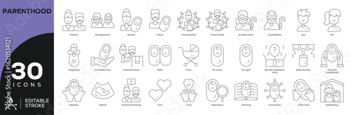 Modern Parenthood Icon Set - 30 Editable Stroke Vector Icons for Family Life & Childcare (Baby, Adoption, Parental Leave, Learning)
