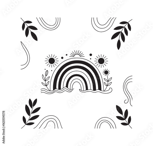 Boho Rainbow with Sun and Leaves – Minimalist Black and White Botanical Nature Illustration for Modern Wall Decor and Abstract Prints, vector, graphic, design