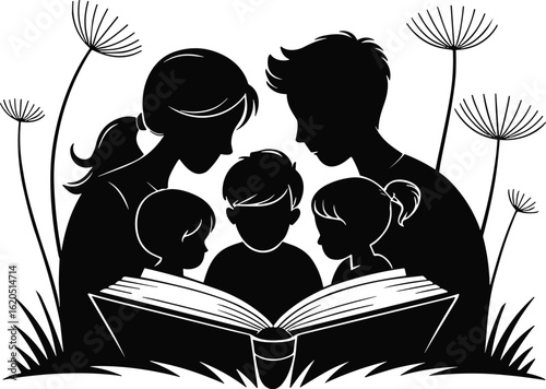 Family silhouette reading a book outdoors parents children