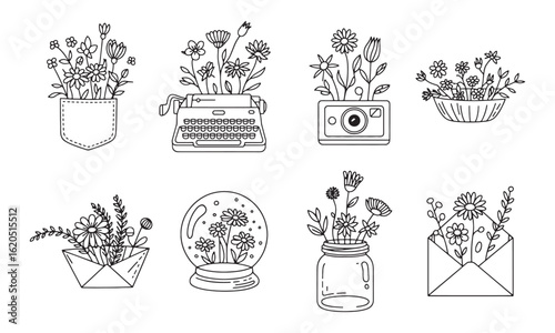 Hand-drawn botanical floral line art collection – flowers in objects illustration, vector designs
