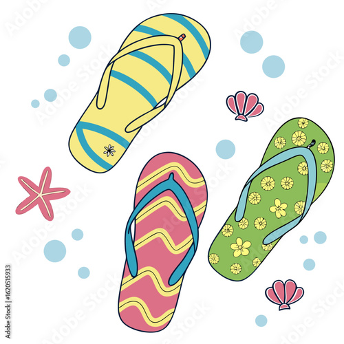 vector set of mismatched colorful flip flops
