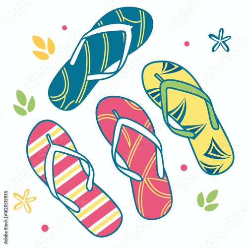 vector set of mismatched colorful flip flops