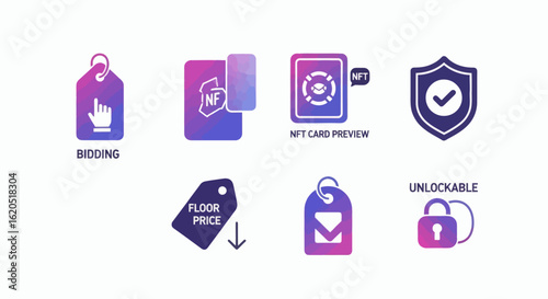 Vector icon set for an NFT digital marketplace, showing bidding, security, floor price, and unlockable content.