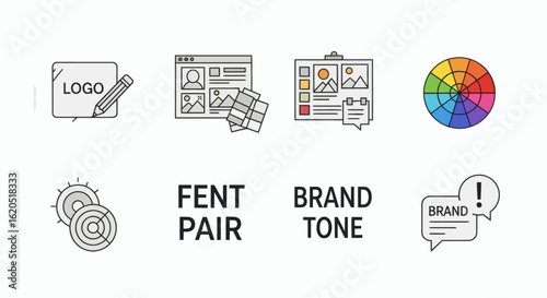 A collection of line icons representing key elements of brand identity and graphic design.