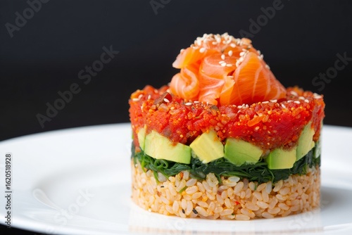 Wallpaper Mural Delicious layered salmon avocado and tuna tartare appetizer on a white plate Torontodigital.ca