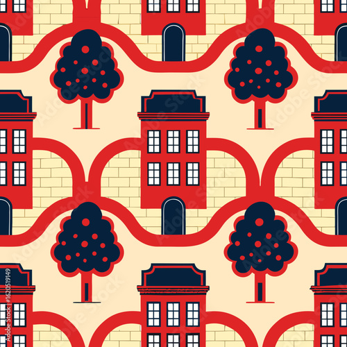 Charming pattern design featuring stylized houses and trees in a colorful urban landscape