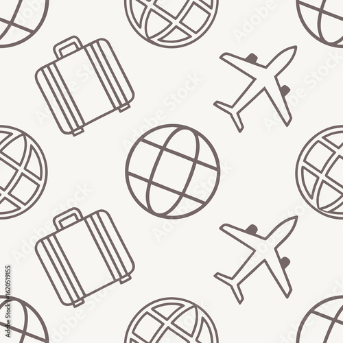 Simple travel pattern design featuring luggage, airplanes, and globe icons in a monochrome style