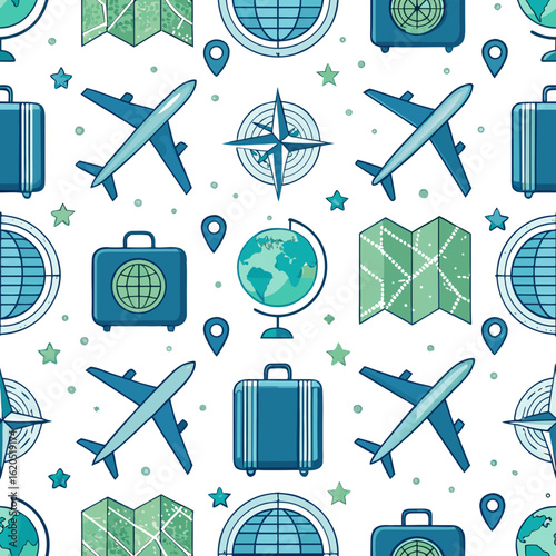 Travel-themed pattern design featuring airplanes, globes, maps, and travel icons in vibrant colors