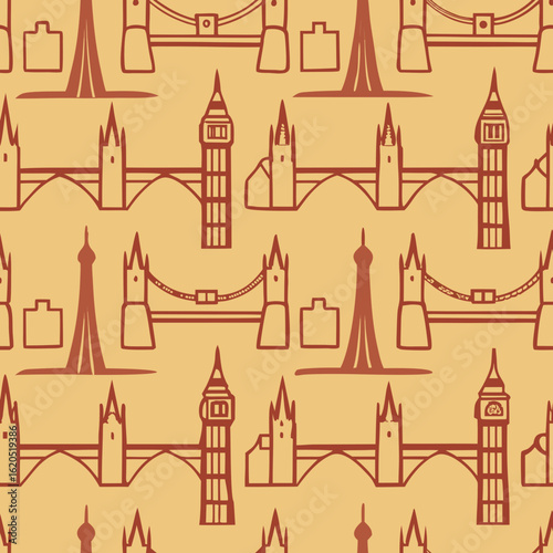 Architectural pattern design featuring iconic landmarks and bridges in a warm color palette
