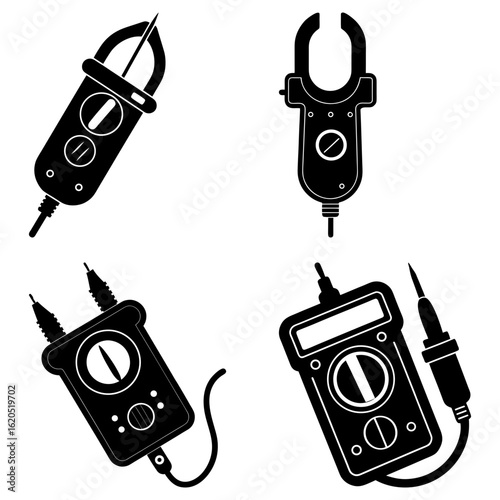 Illustration showing four different types of electrical multimeters in a black and white design style