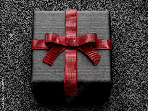 Sophisticated black gift box with textured finish and bold red ribbon bow, creating a dramatic and luxurious look for exclusive events or elegant gift-giving.