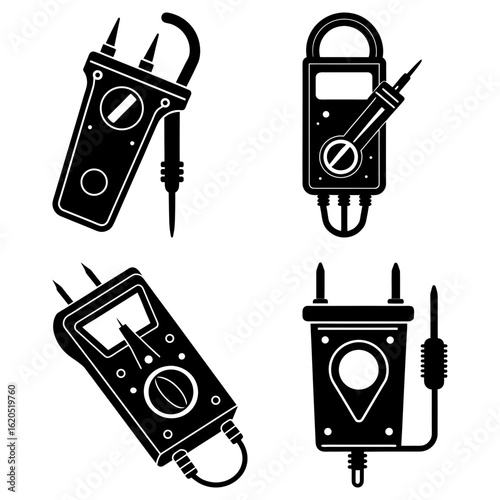 Illustration of four different electrical multimeters in black and white simple vector design style