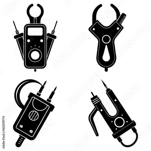 Illustration of electrical measuring instruments including multimeters and clamp meters in black and white