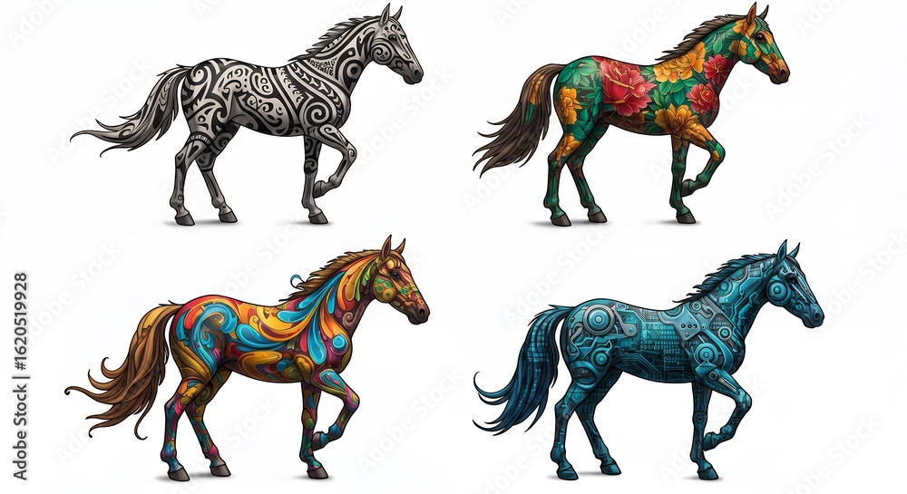 Fototapeta premium Four colorful horse illustrations side view