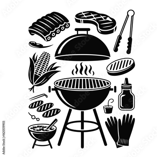 Black and white vector of BBQ grill food with ribs, corn, steak, BBQ sauce, grill, tongs, gloves, ketchup, and baked beans