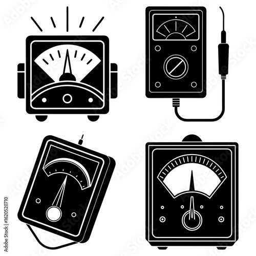 Illustration of four analog multimeters with needles and scales in black and white style design
