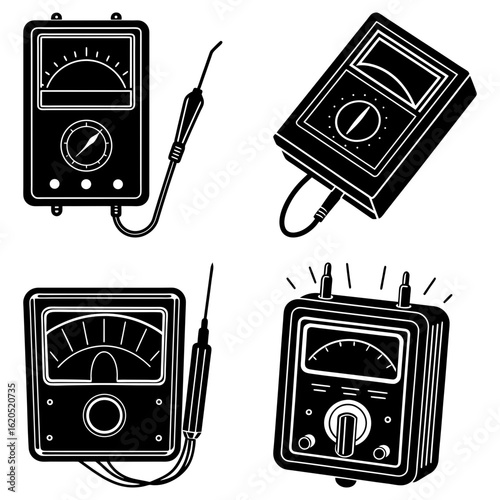 Illustration of four different analog multimeters in black and white showing various styles and designs