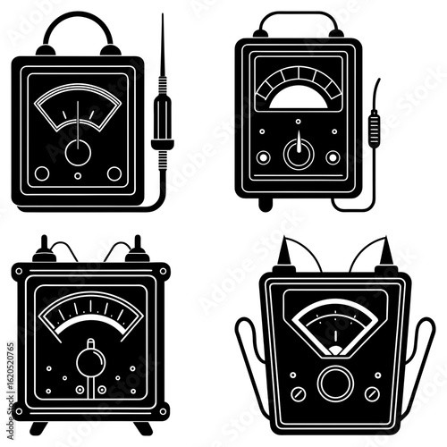 Illustration of four different vintage electrical meters with analog displays and various configurations