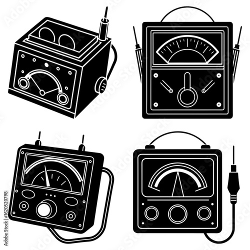 Illustration of four vintage analog multimeters with various designs and configurations shown in black and white