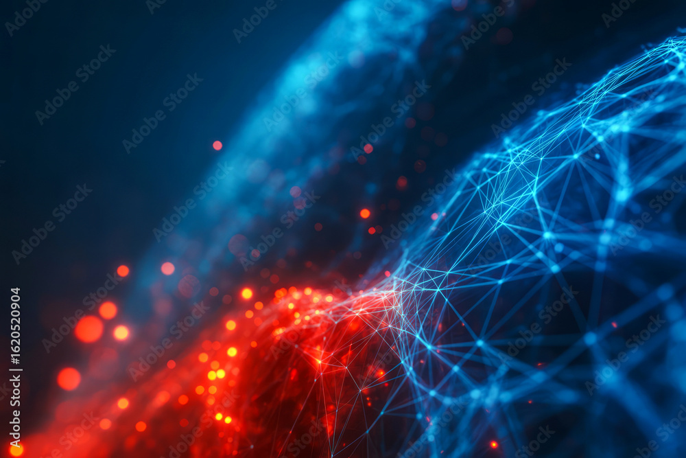 Obraz premium Glowing Geometric Network With Red Orbs abstract blue