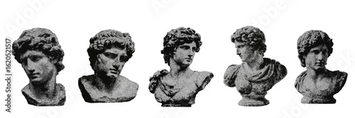 Set of ancient greek male statues halftone grunge vector design elements