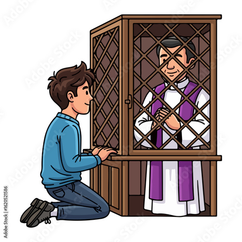 Confessional booth, a man kneeling in booth. Priest wearing white alb and purple stole. Vector flat design cartoon. AI generated images.