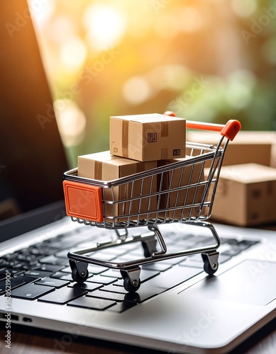 Miniature shopping cart with packages on laptop keyboard