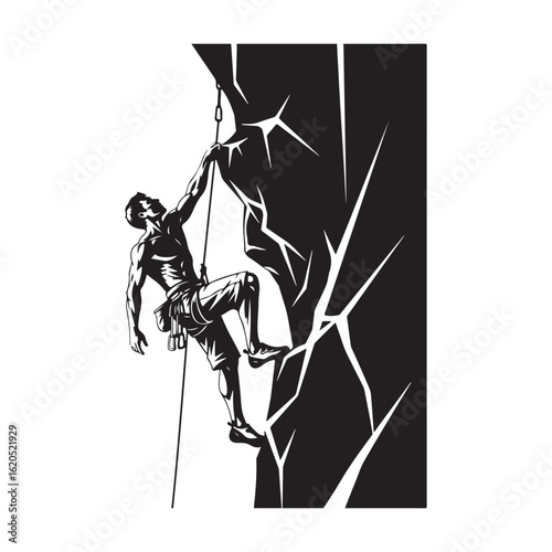 A determined rock climber scaling a cliff face showcasing strength and perseverance with bold black