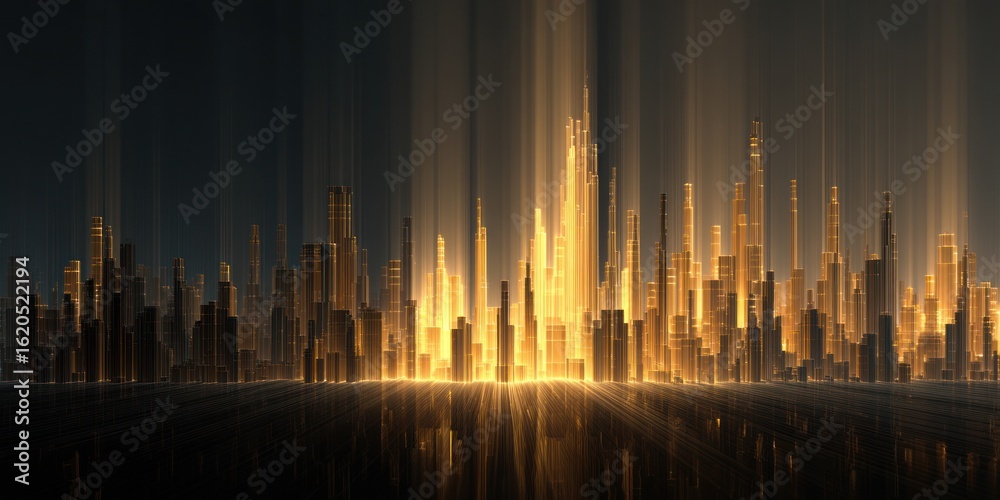 Fototapeta premium Golden futuristic cityscape with glowing buildings and light beams