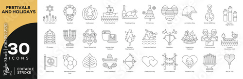 Global Festivals & Holidays Icon Set - 30 Editable Stroke Vector Icons for Seasonal Celebrations (Halloween, Christmas, Valentine's Day, Cinco de Mayo)