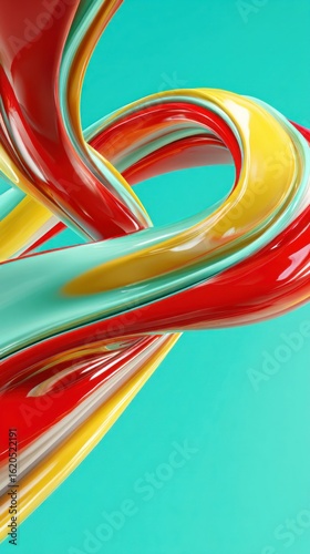Colorful flowing ribbons on turquoise background, modern 3D rendering