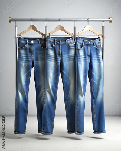 Three pairs of stylish blue jeans hanging on a modern clothing rack, studio shot.
