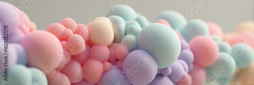 Pastel spheres, soft colors, and delicate textures create a dreamy effect