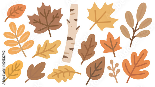 Flat illustration of various autumn leaves and a tree trunk in warm orange, brown, and yellow tones. Perfect for fall-themed designs, seasonal decorations, and patterns.