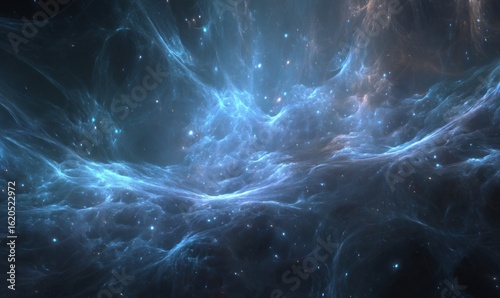Ethereal blue nebula with glowing stars in deep space, cosmic cloud