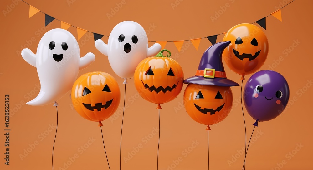 Naklejka premium Halloween balloons shaped as jack-o-lanterns, ghosts, and witch hat on orange background with bunting. Festive party atmosphere, seasonal sales and creative holiday services for event decoration