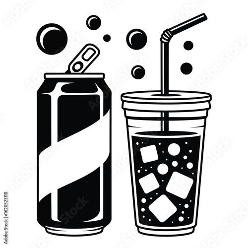 Black and white vector of soft drinks pack with soda can, plastic cup with lid, straw, bubbles, ice cubes, and branded label