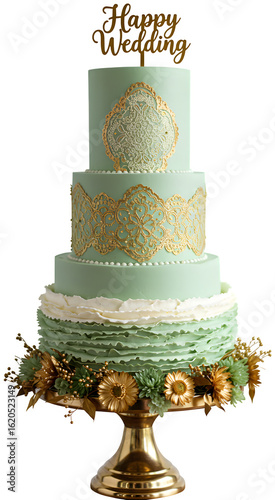 Generative AI, An exquisite edible golden lace wedding cake